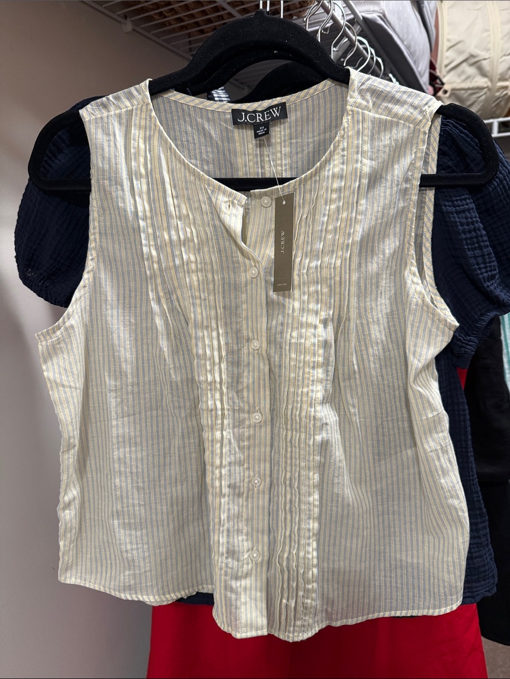 J. Crew Cream and Light Blue Striped Sleeveless Pintuck Top 100% cotton